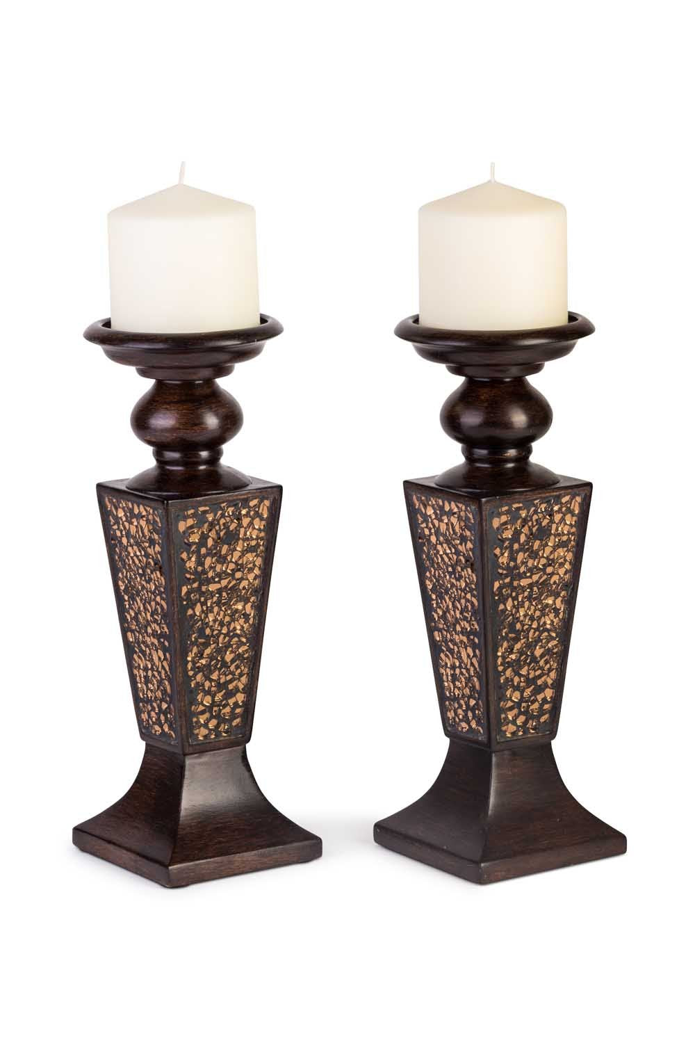 Creative Scents Schonwerk Pillar Candle Holder Set of 2- Crackled Mosaic Design- Functional Table Decorations- Centerpieces for Dining/Living Room- Best Wedding Gift (Brown) Creative Scents