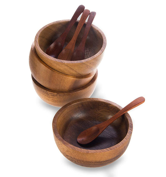 BestySuperStore Small Round Wood Bowls 4 Pcs 3¾" Diameter 1½" High Stackable Acacia Wooden Bowl Set with 4 spoons for serving salad salsa dip sauce snack cereal fruit Decor Tableware Side Dish Sets