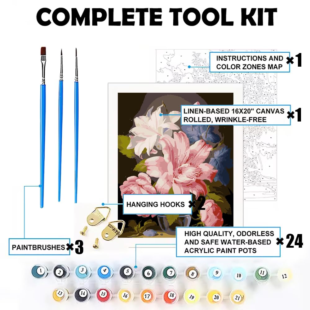 changjiawujin Lily Flower Paint by Number Rose Flowers,Still Life Vase Paint by Numbers Kit for Adults,Easy DIY Oil Painting by Numbers Art Craft Set 16x20 inch changjiawujin