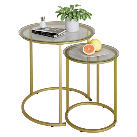 Azheruol Nesting Coffee Table Set of 2,Modern Gold Tempered Glass Side Table, Metal Frame Round End Table.Small Glass Tea Table for Living Room,Bedroom Studio Apartment Essentials，23.2in Azheruol