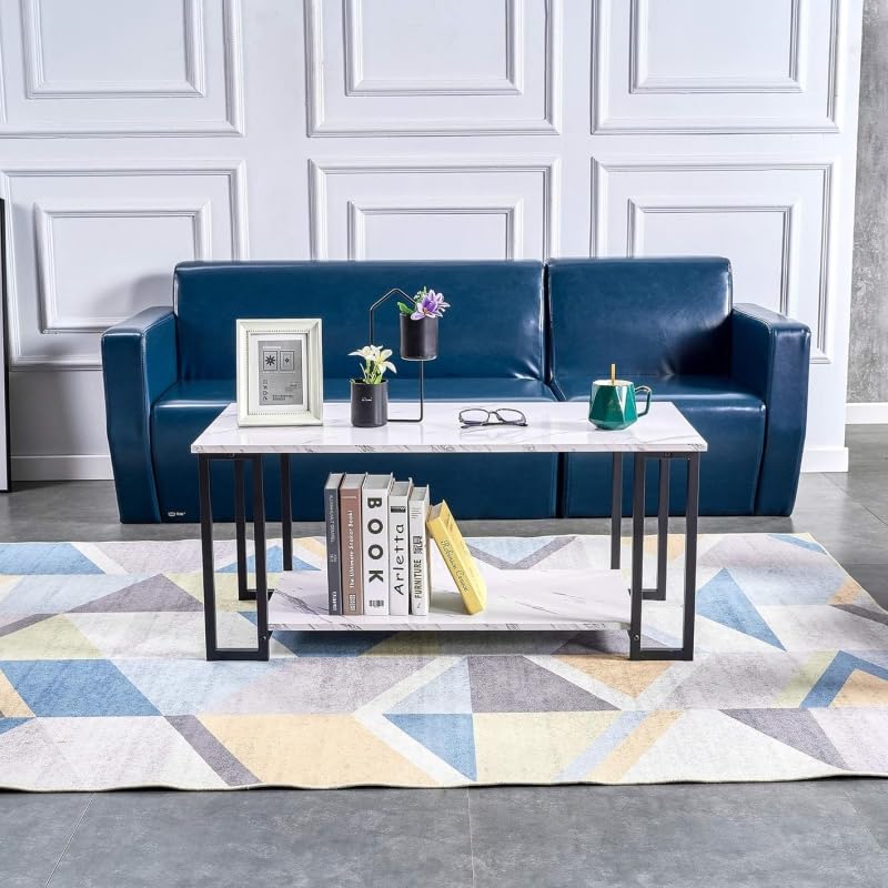 Nicemoods 39.37" Coffee Table, 2 Layers 1.5cm Thick Marble MDF Rectangle Tabletop Iron Coffee Table, Dining Room, Coffee Shop, Restaurant, White Top (White+ Black Leg) Nicemoods