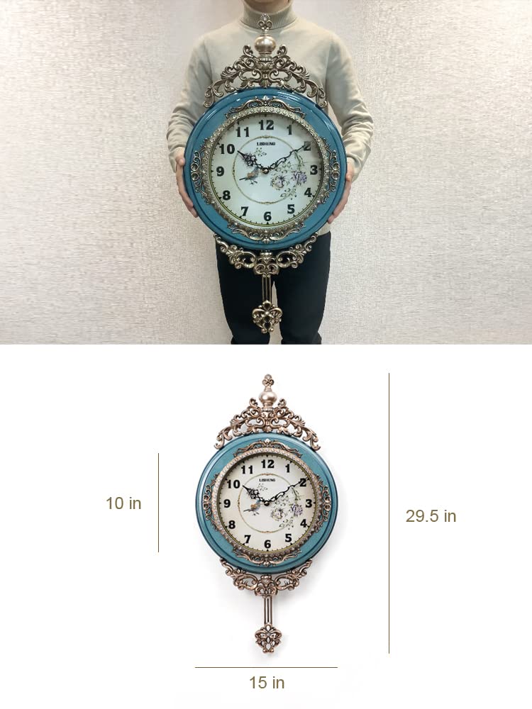 SHISEDECO Elegant, Traditional, Decorative, Hand Painted Modern Grandfather Wall Clock Fancy Ethnic Luxury Handmade Decoration, Swinging Pendulum for New Room or Office. Large. 29.5 Inch. (Blue) SHISEDECO