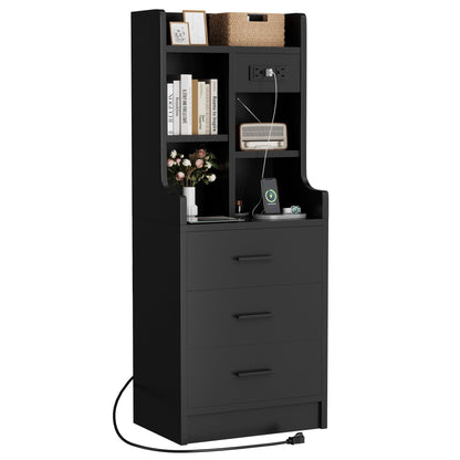 YESHOMY Tall Nightstand with Charging Station and USB Ports, Bedside Table with Open Bookshelf, Endtable with 3 Drawers, for Bedroom,Study, 48" Height, Pure Black