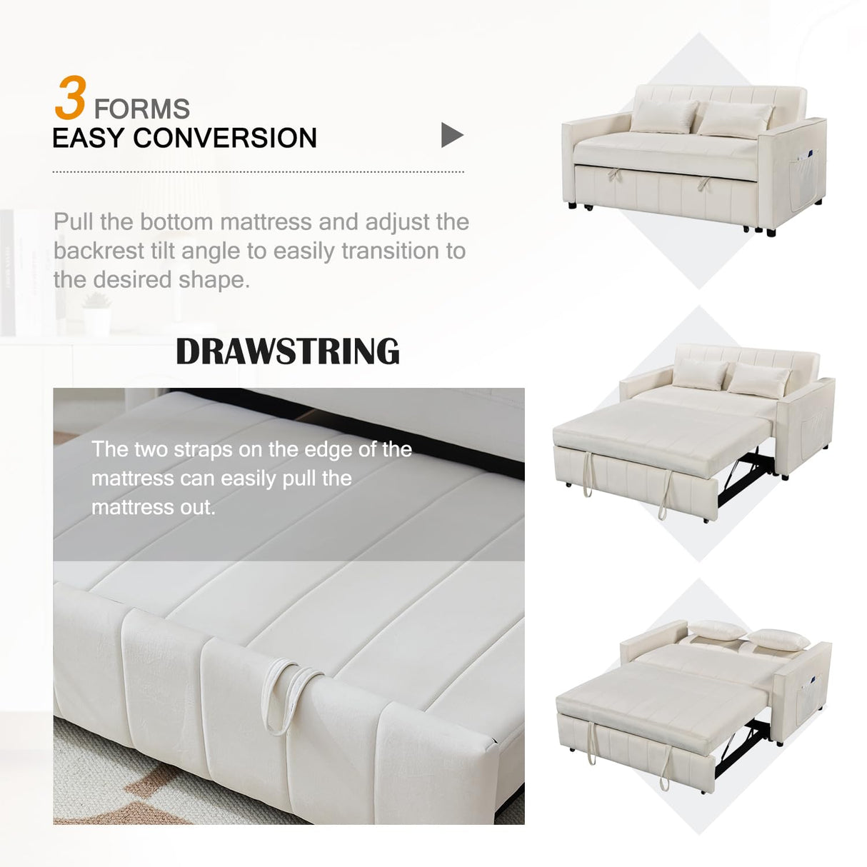 Hixkol Convertible Sleeper Sofa Bed, 55.51" Modern Velvet 3-in-1 Futon Couch, Pullout Bed with Adjustable Backrest, Storage Pockets and Toss Pillows for Living Room, Bedroom (White) Hixkol