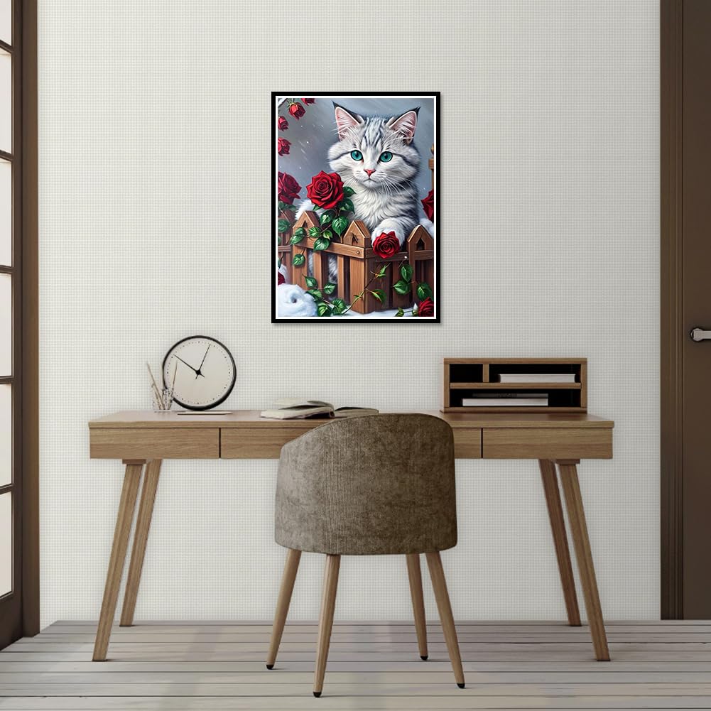 PFFNGPEN Diamond Painting Kits for Adults, 5D DIY Cat Rose Diamond Art Kits for Beginners, Full Drill Round Diamond Art for Home Wall Decor, Animal, 12x16 inch PFFNGPEN