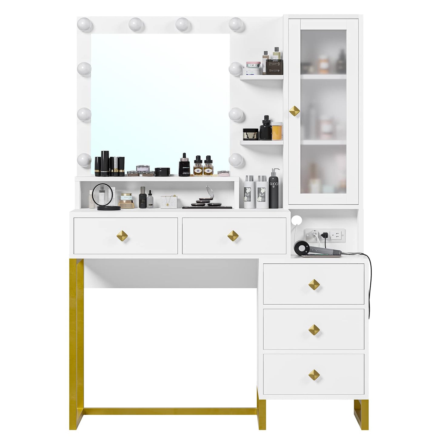 Tiptiper Makeup Vanity with Lights & Charging Station, Large Vanity Desk with Mirror and Lights, Makeup Table with 5 Drawers & Shelves, White and Gold - WoodArtSupply