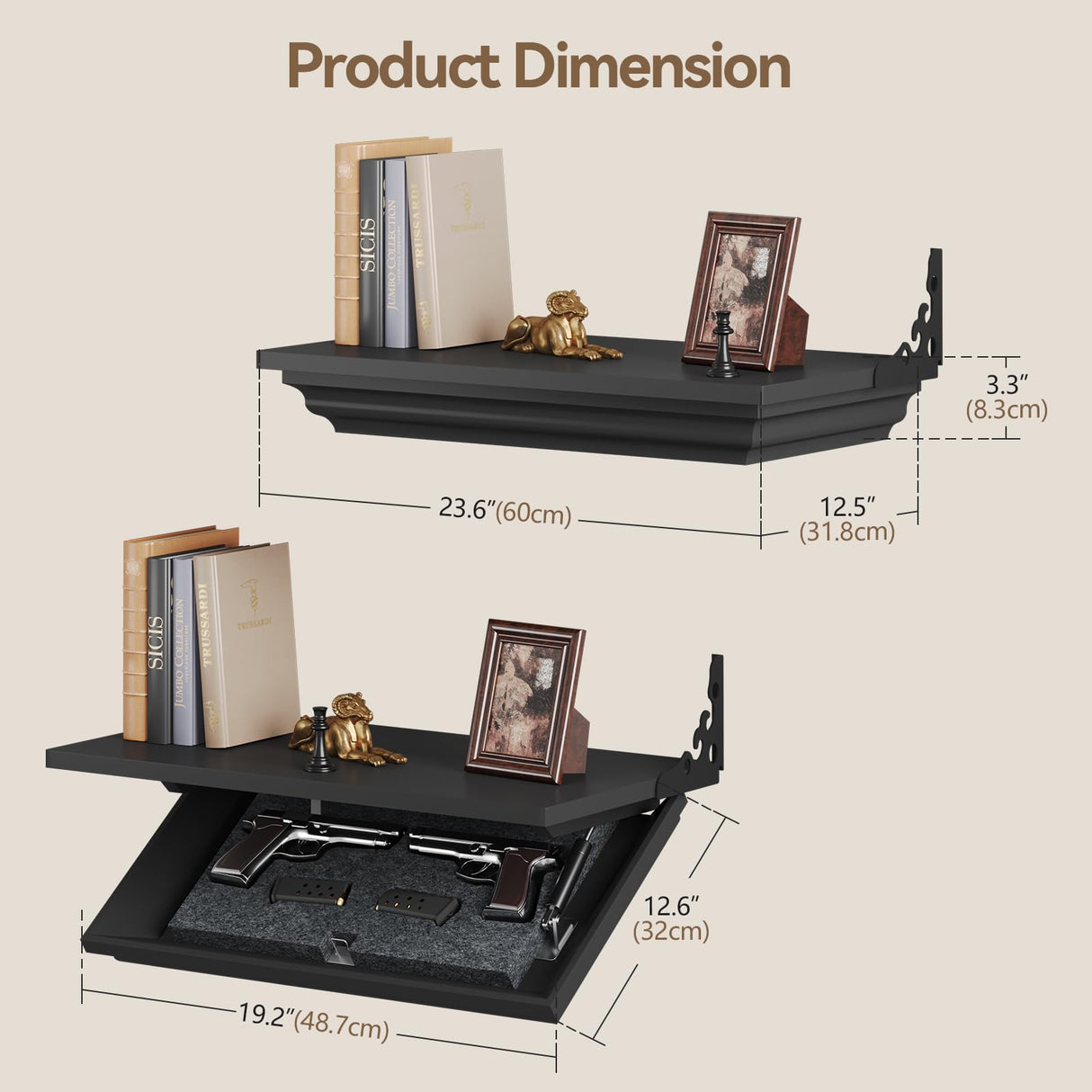 Lvifur 24" Compact Gun Shelf, Gun Rack with Automatic Induction Lock with Secure Hidden Compartment for Wall Mount Display, Storage Security Safe Box for Home,Black Lvifur