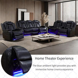 AYCP Furniture Power Recliner Set with LED Lights, Air Leather Reclining Set with USB Port/Wireless Charger/Storage Console/Cup Holder for House/HomeTheater/Apt (Black, Sofa Loveseat Chair) AYCP Furniture