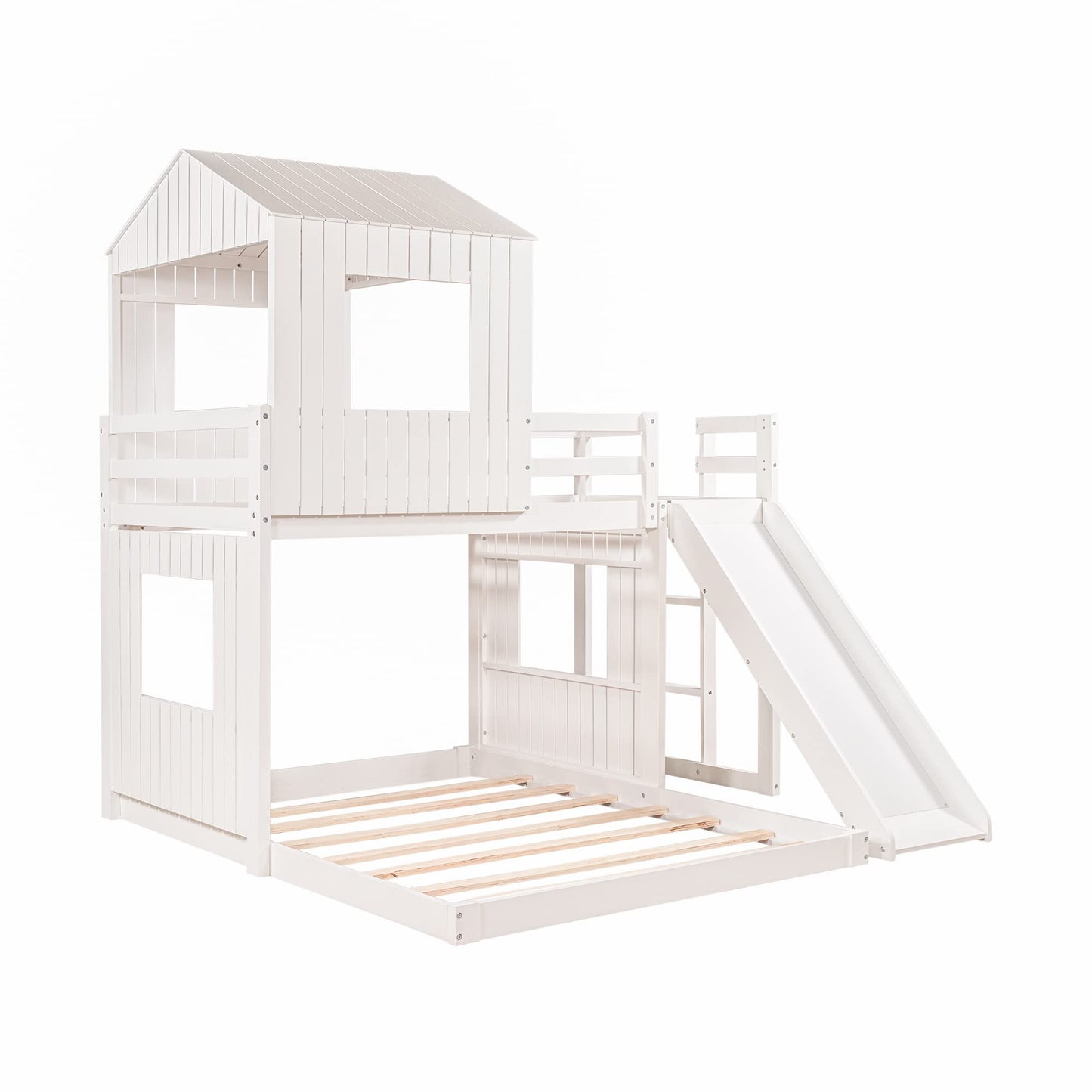 Merax White Twin over Full Bunk Bed with Slide, Safety Guardrails and House Design for Kids - WoodArtSupply