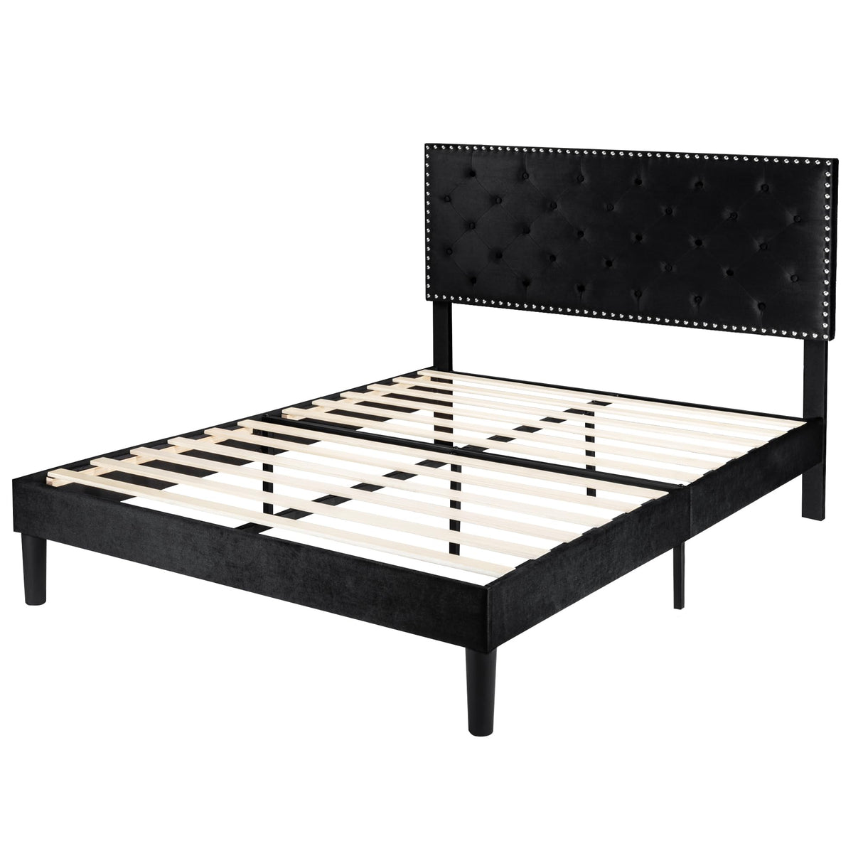 Allewie Queen Size Bed Frame, Velvet Upholstered Platform Bed with Adjustable Diamond Button Tufted & Nailhead Trim Headboard, Wood Slat Support, Easy Assembly, No Box Spring Needed, Black Allewie