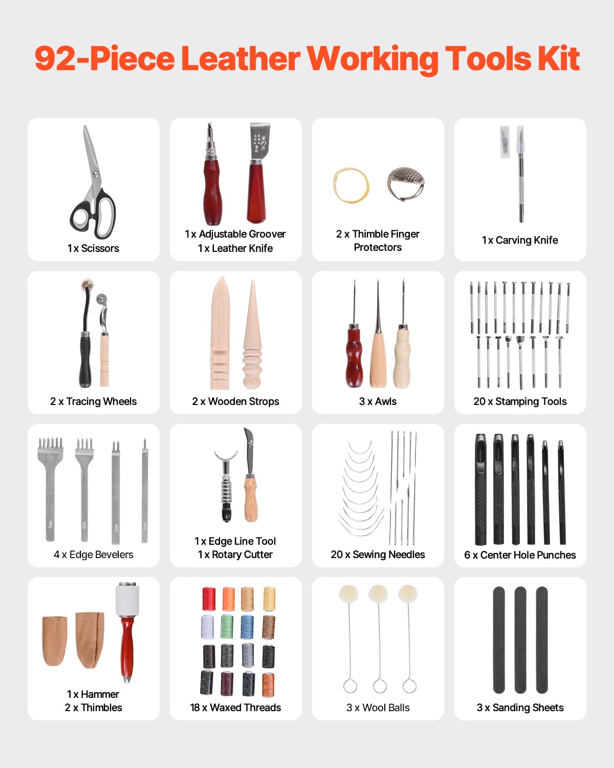 VEVOR Leather Working Tools Kit, 92 PCS Leather Craft Tools with Portable Leather Storage Bag, Engraving Punching Sewing Stamping Sanding Tools, Ideal for Beginners DIY Enthusiasts and Professionals VEVOR