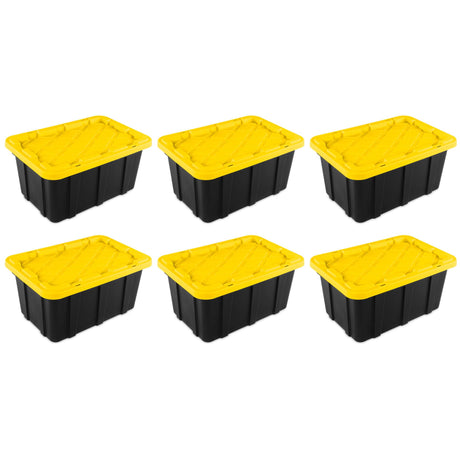 Sterilite 17 Gal Industrial Tote, Stackable Storage Bin with Snap-Fit Lid for Garage, Basement & Attic Storage, Black Base and Yellow Lily Lid, 6-Pack Sterilite