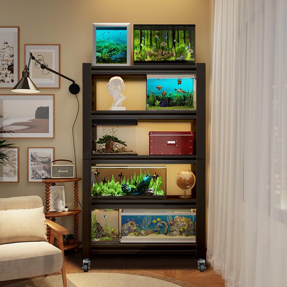 BEESTMUEBLE 55-90 Gallon Fish Tank Stand, Metal Aquarium Stand, Adjustable Heavy Duty Reptile Tank Stand, Sturdy 5-Tier Fish Tank, Modern Shelf for Living room (With Wheels-32 W*15.7" D*63" H) BEESTMUEBLE
