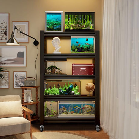 BEESTMUEBLE 55-90 Gallon Fish Tank Stand, Metal Aquarium Stand, Adjustable Heavy Duty Reptile Tank Stand, Sturdy 5-Tier Fish Tank, Modern Shelf for Living room (With Wheels-32 W*15.7" D*63" H) BEESTMUEBLE