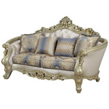 Acme Gorsedd Loveseat with 4 Pillows in Cream Fabric and Golden Ivory Acme