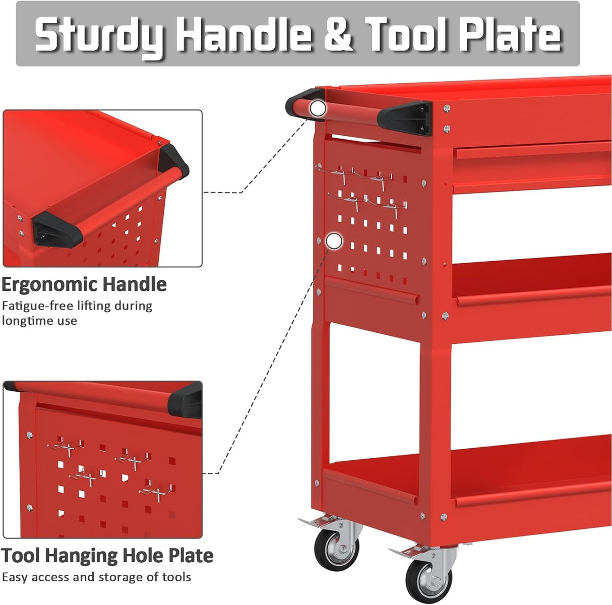 Pelnuies 3 Tray Tool Cart with Drawers, 400 LBS Capacity Rolling Tool Cart on Wheels, Heavy Duty Utility Cart with Pegboard, Mechanic Tool Storage Cart for Garage, Warehouse and Repair Shop, Red Pelnuies