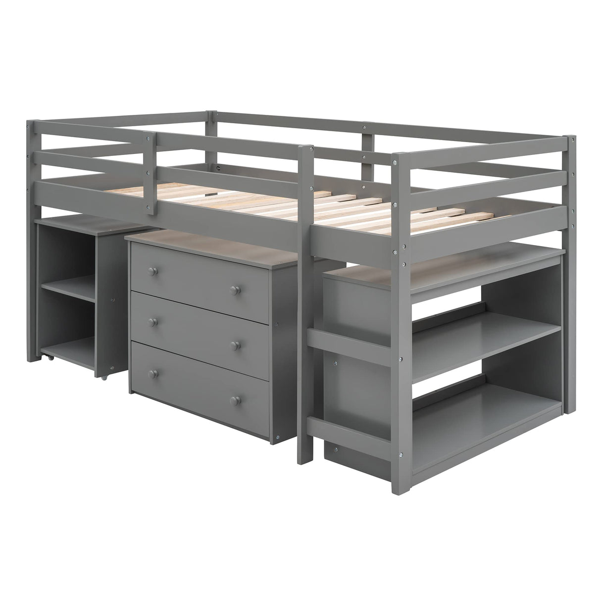 Twin Loft Bed with Desk Low Study Kids Twin Loft Bed with Storage Drawers, Low Loft Bed Twin for Kids Twin Loft Bed with Safety Guard Rails and Bookcase Shelf (Grey, Twin Loft with Desk) Harper & Bright Designs