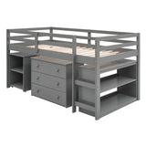 Twin Loft Bed with Desk Low Study Kids Twin Loft Bed with Storage Drawers, Low Loft Bed Twin for Kids Twin Loft Bed with Safety Guard Rails and Bookcase Shelf (Grey, Twin Loft with Desk) Harper & Bright Designs