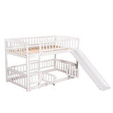 Low Bunk Bed with Slide Twin Over Twin Bunk Beds for Kids Toddlers, Wood Floor Beds Frame with Rails for Boys Girls Teens, White Bellemave