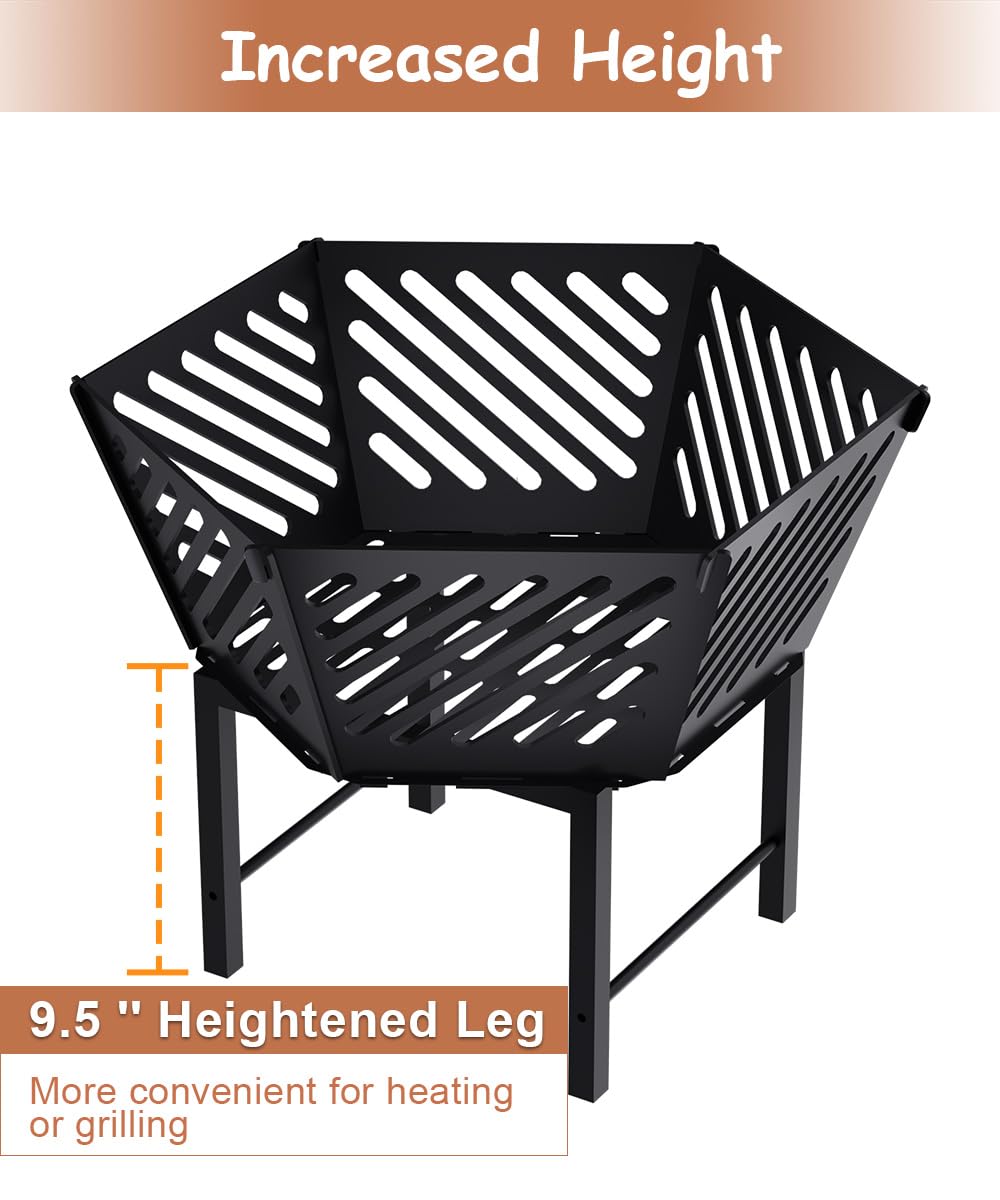 Waaliji 22.5 Inch Portable Plug Fire Pit for Camping, Heightened Detachable Outdoor Wood Burning Firepits for Outside Patio Heating, Picnic, Bonfire and BBQ with Travel Bag, Diagonal Hollow Style waaliji