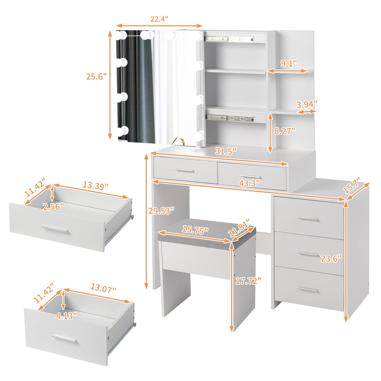 Karl home Lighted Vanity Desk with Sliding Mirror White Makeup Table with 5 Drawers, Storage Shelves, Cushioned Stool, LED Dressing Table Set for Women Karl home