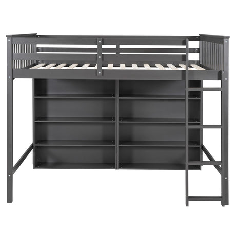 Bekeknlny Full Size Gray Loft Bed with 8 Open Shelves and Built-in Ladder Bekeknlny
