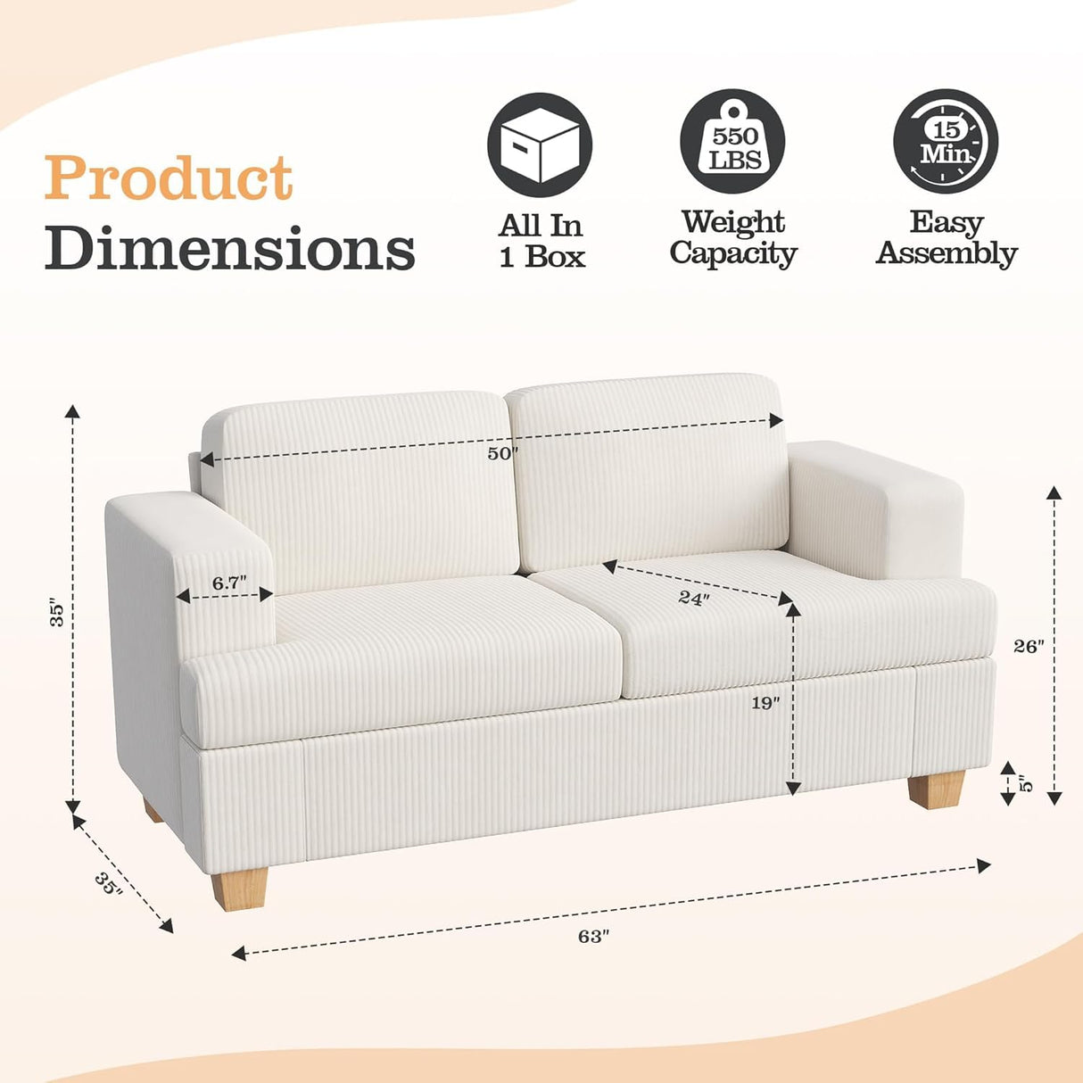 Apicizon 89'' 3-Seat Sofa Couch with Loveseat, 2 Piece Comfy Sofa Sets for Living Room, Modern Lounge Sofa Sleeper Couch for Apartment with Deep Seat, Living Room Set White Corduroy Apicizon