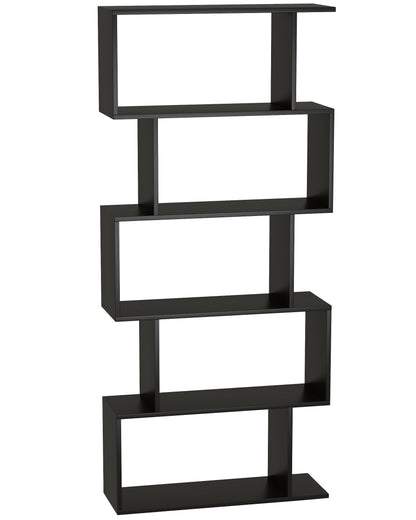 Yusong Bookshelf 5-Tier, Geometric Bookcase S Shaped Book Shelves for Bedroom, Modern Wood Decorative Display Shelf Book Case for Home Office, Black