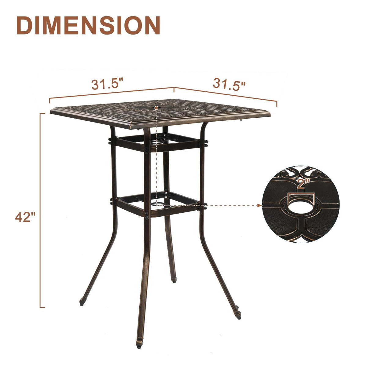 VINGLI Cast Aluminum Patio Bar Table, 42" Height High Top Outdoor Bar Table with Umbrella Hole, Pub Height Bistro Square Table for Paito Lawn Garden VINGLI