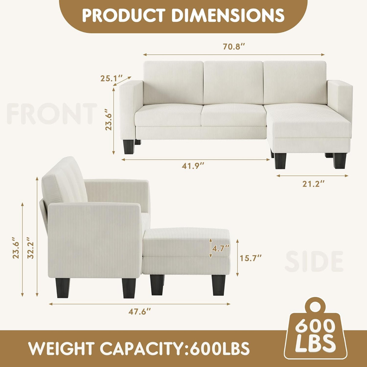 YESHOMY L-Shaped Convertible Sectional Sofa 3 Seater with Corduroy Fabric, Complete with Mobile Footrest, for Living Room, Apartment and Office, 70", Cream YESHOMY