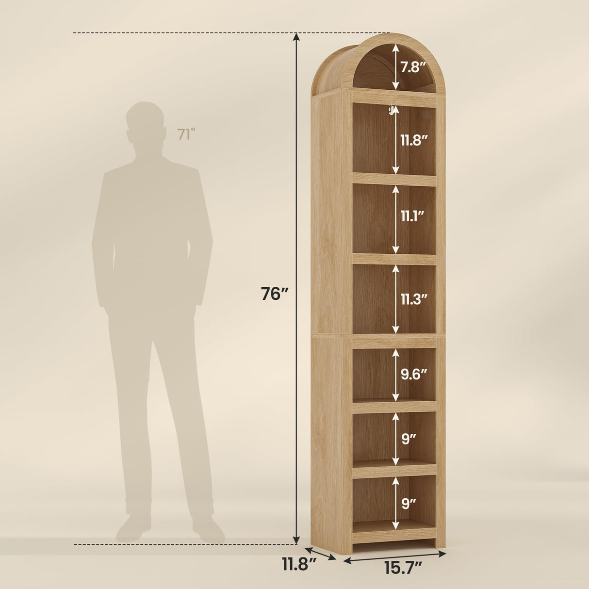 UPOSOJA 76" Tall Narrow Arched Bookcase,7-Teir Mid-Century Modern Bookshelf,Adjustable Shelves offering More Storage Space for Living Room,Kitchen,Home Office,Oak UPOSOJA