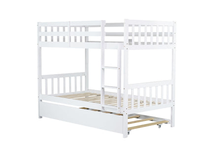 UOCFYK Twin Over Twin Wood Bunk Bed with Trundle for Kids Boys Girls,Solid Wood Bedframe w/Ladder & Safety Guardrails, Convertible into Twin Size Beds,No Box Spring Needed, White