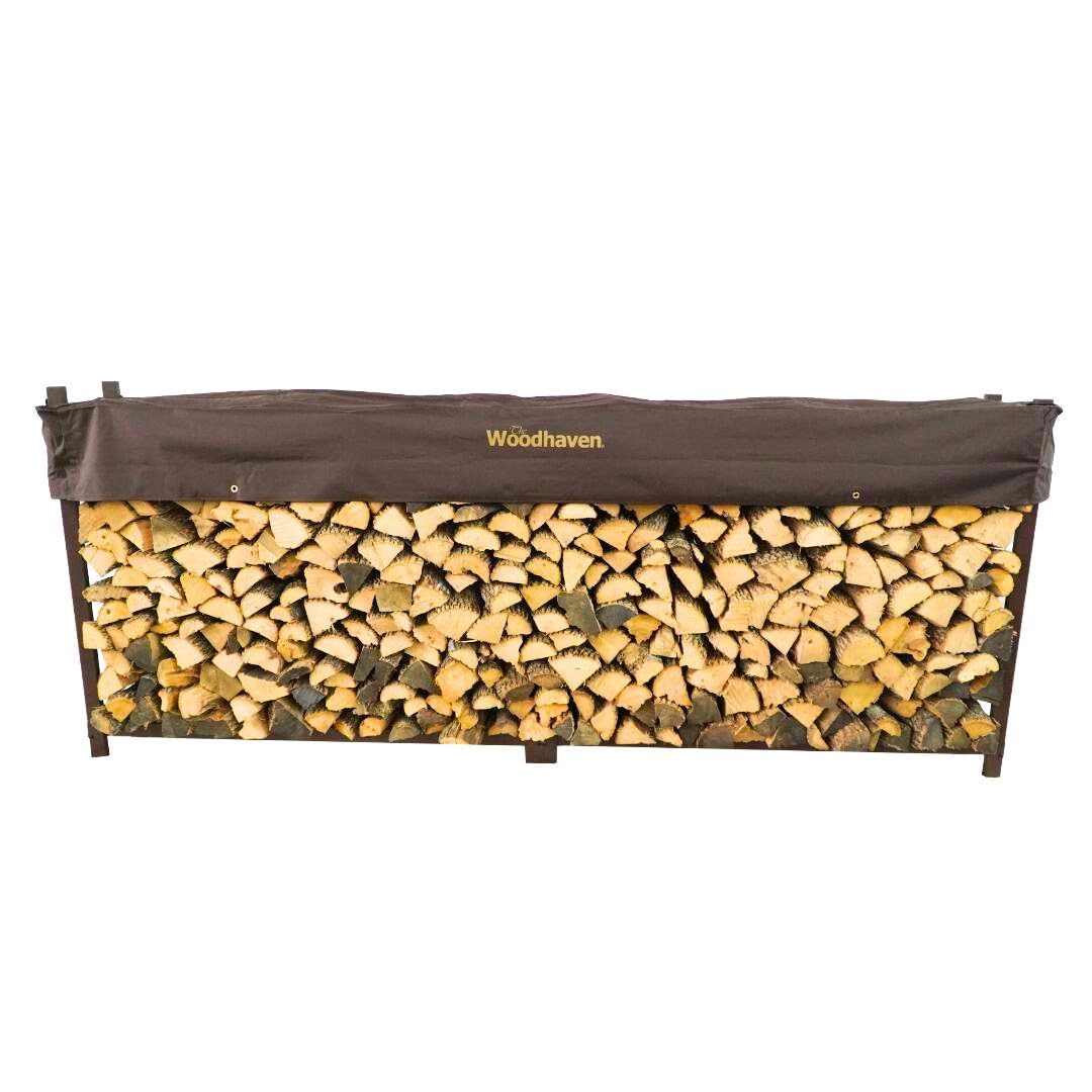 Woodhaven 10 Foot Brown Outdoor Firewood Rack With Optional Seasoning Cover - Made In USA - Holds 1/2 Plus Cord Of Firewood And Logs - Brown UV-Stable Powder Coat Finish (Cover) Woodhaven