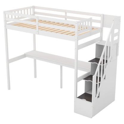 SOFTSEA Twin Loft Bed with Integrated Desk and Storage Stairs in White