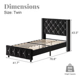 Twin Bed Frames, Upholstered Platform Bed Twin Size with Diamond Tufted Headboard, Modern Velvet Bed Frame with Wingback Design, No Box Spring Needed, Easy Assembly, Black HOMBCK
