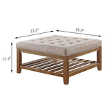 24KF Large Square Upholstered Tufted Linen Ottoman Coffee Table, Large Footrest Ottoman with Solid Wood Shelf-Linen 24KF