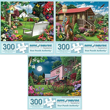 Bits and Pieces - Value Set of (3) 300 Piece Jigsaw Puzzles for Adults - Each Puzzle Measures 18" x 24" - 300 pc Blooming Back Yard, Nature Haven, Serene Summer Night Jigsaws by Artist Alan Giana Bits and Pieces