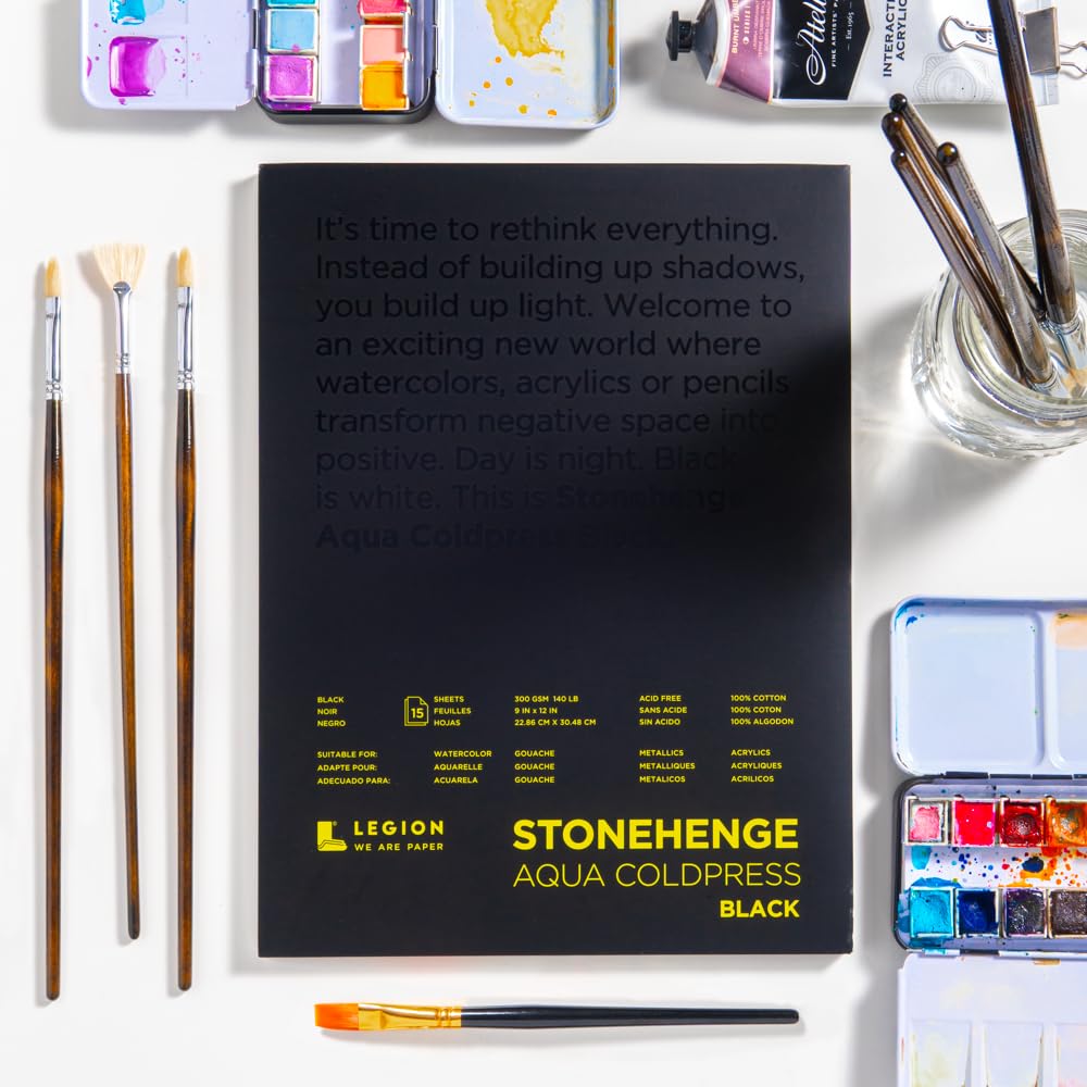 Stonehenge Aqua Black Medium Weight Pad, 140lb, Coldpress, 10 x 14 Inches, 15 Sheets for Wet and Dry Media LEGION