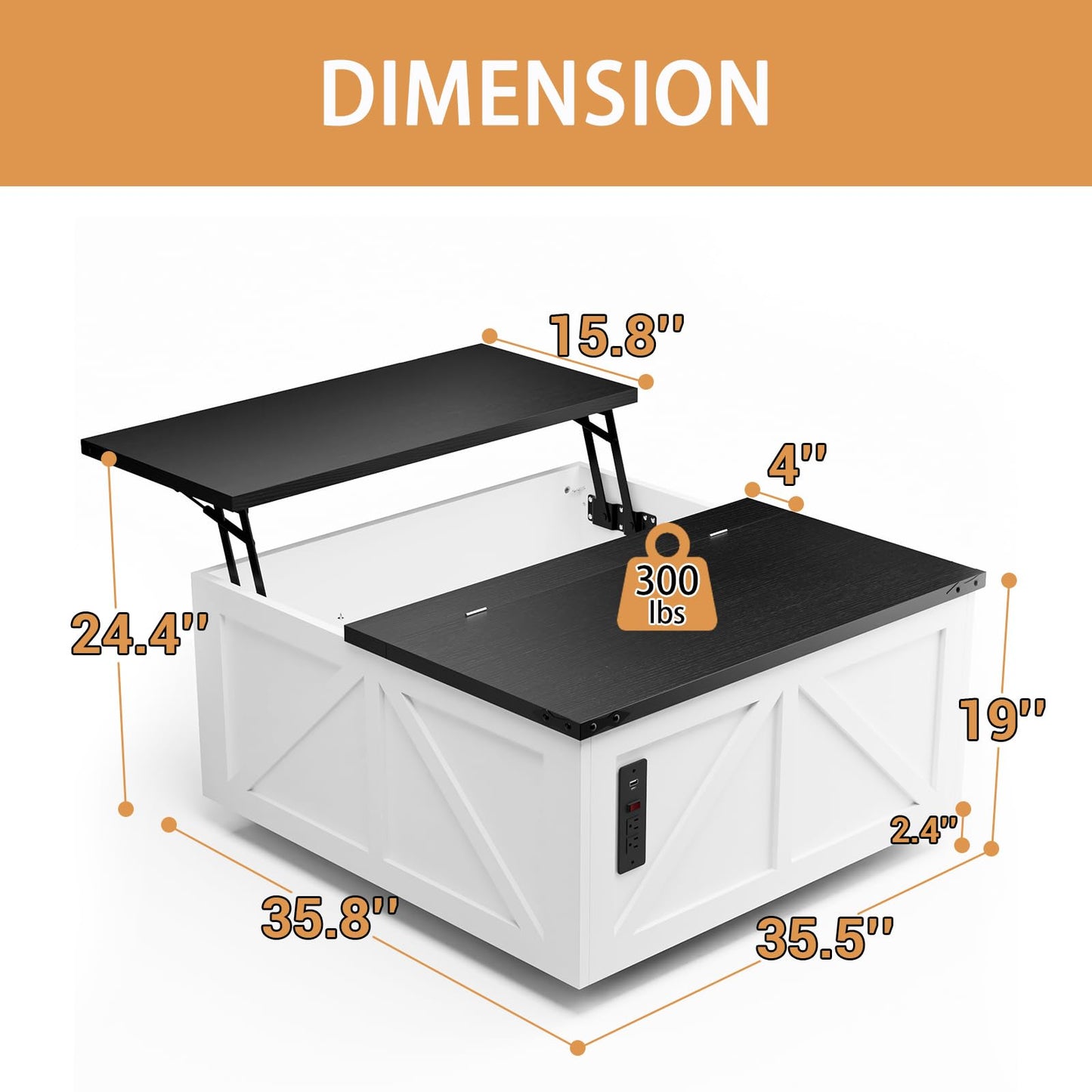 36" Lift Top Coffee Table with Storage, Square Coffee Table with LED Light & Power Outlets for Living Room, Farmhouse Coffee Table with Large Hidden Storage Compartment Black