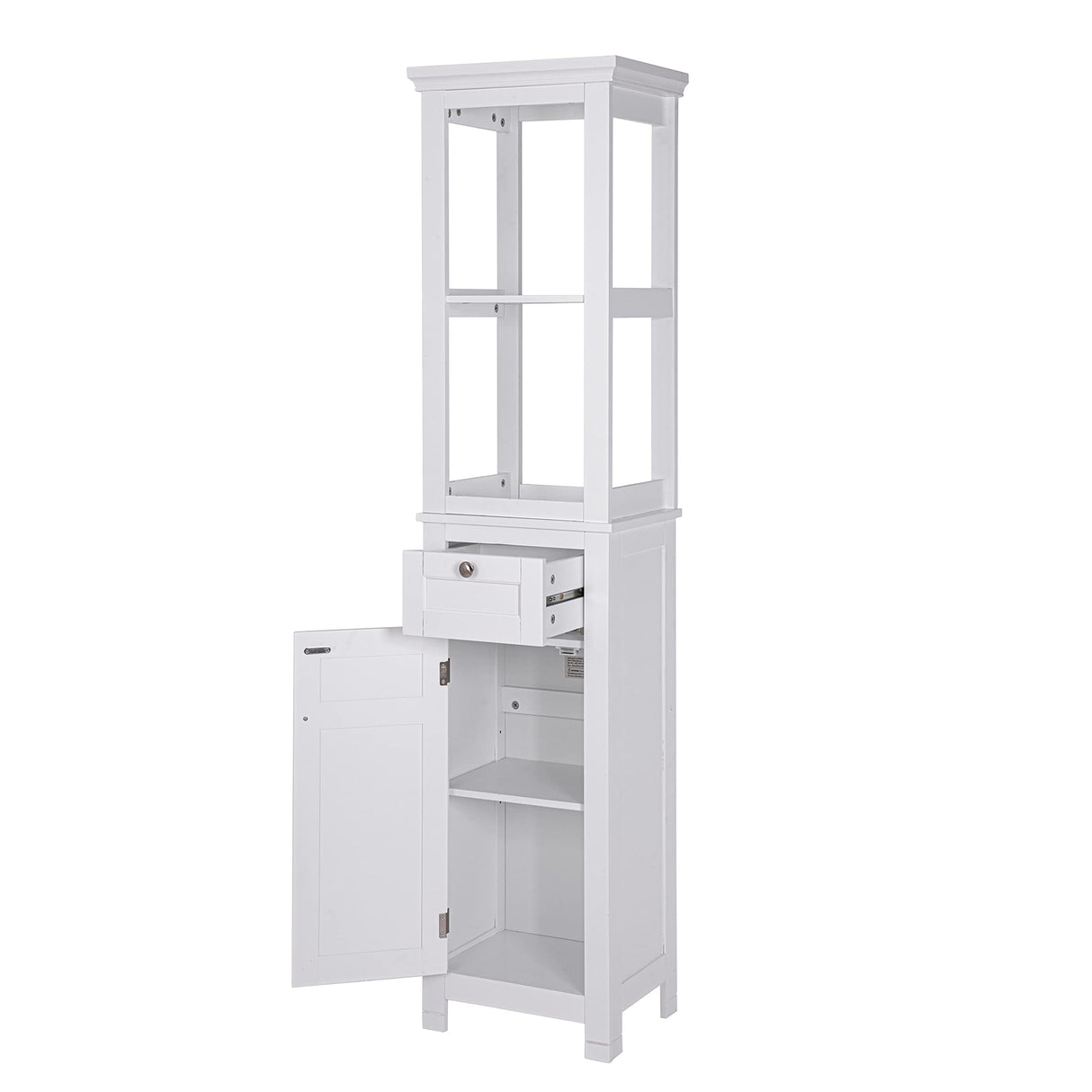 Spirich Bathroom Freestanding Storage Cabinet with Two Tier Open Shelves, Tall Slim Cabinet with Door and Drawer, Floor Linen Tower (White) Spirich