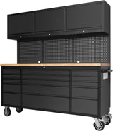 72-inch Rolling Tool Chest Cabinet Garage Workbench with 15 Storage Drawers and Wheels, 3 Upper Cabinet, Pegboard, Steel Large Tool Box for Garage Workshop, Matte Black MERXENG
