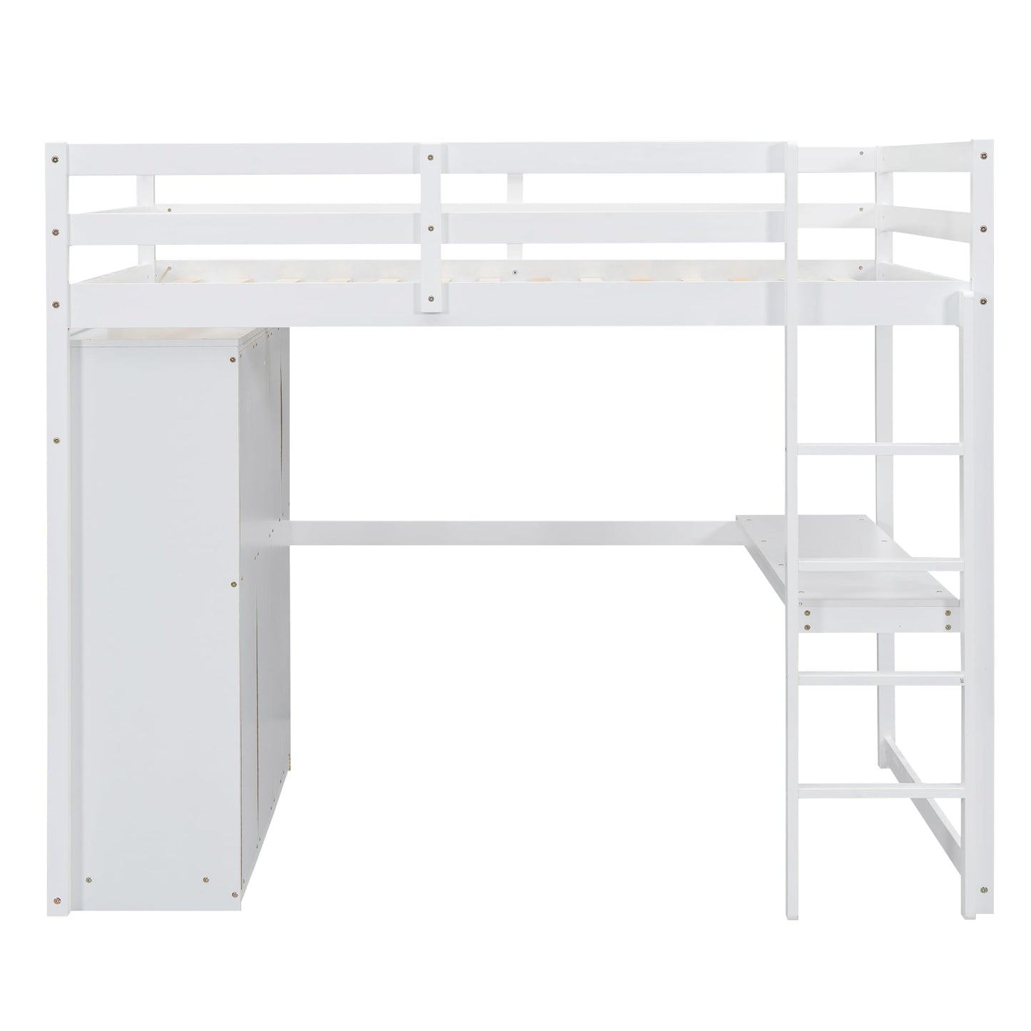 White Full Size Loft Bed with Desk & Wardrobe, Solid Wood Kids Loft Bedframe w/3 Storage Drawers & 2 Shelves, Maximum Space Design, for Bedroom, Dorm