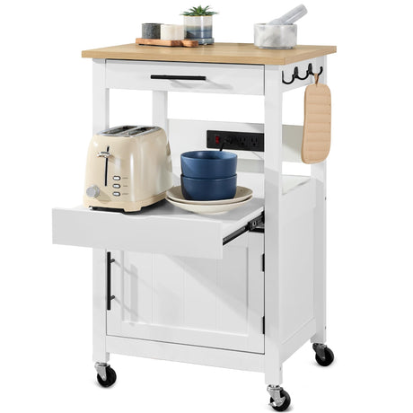 Best Choice Products Rolling Kitchen Island Cart, Single Door Cabinet w/Drawer, Sliding Tray, Hidden Outlet, Hooks, & Lockable Wheels - Simply White Best Choice Products