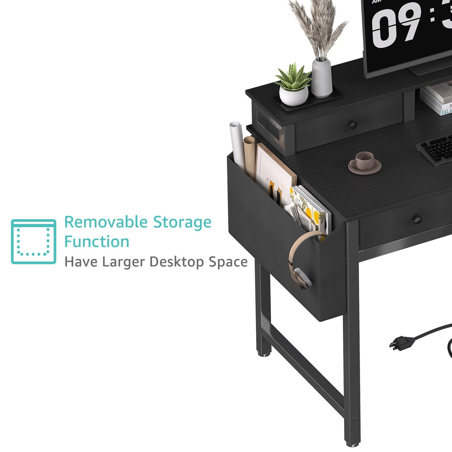 Lufeiya Computer Desk with Drawers for Home Office Bedroom, 40 inch Black Writing Study Desks with Fabric Drawers Storage, Gaming Desk Table with Power Outlet & Monitor Stand, Black - WoodArtSupply