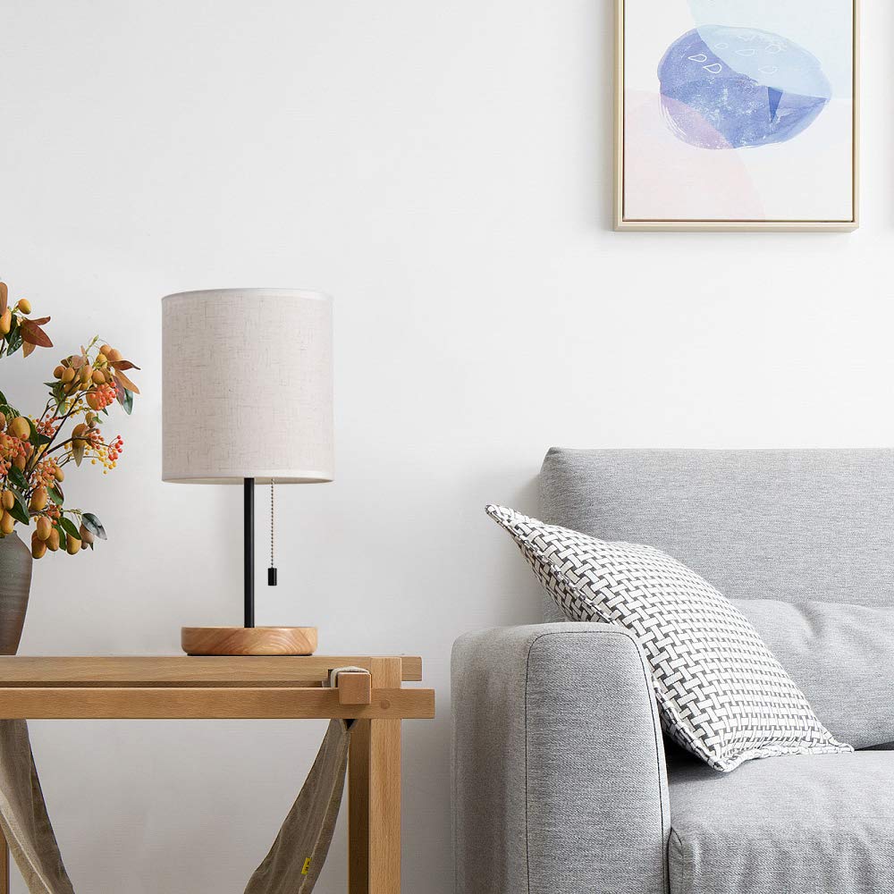 HAITRAL Bedside Table Lamp - Modern Nightstand Lamp with Linen Fabric Shade Wooden Desk Lamps for Bedrooms, Office, College Dorm, Dinning Room, Girls Room - 16 Inches (HT-AD005) HAITRAL