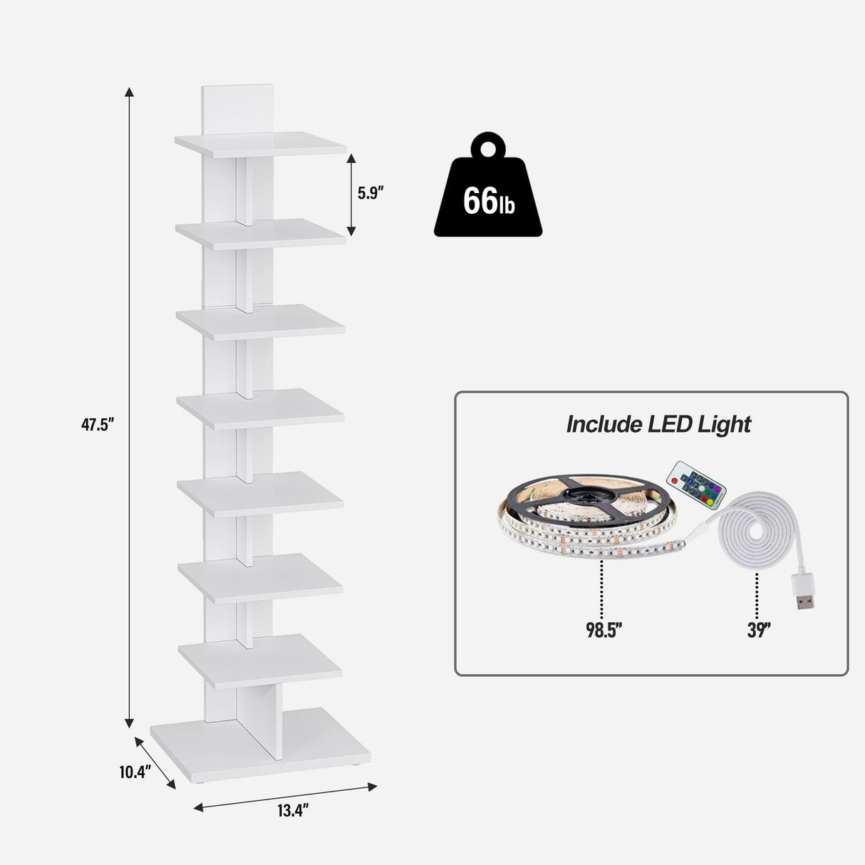 TUTOTAK Narrow Bookshelf, 8-Tier Bookcase with LED Lights, Spine Book Shelf for Small Space, Corner Standing Shelf for Living Room, Office, Study, Entryway, White BS06BW008L TUTOTAK