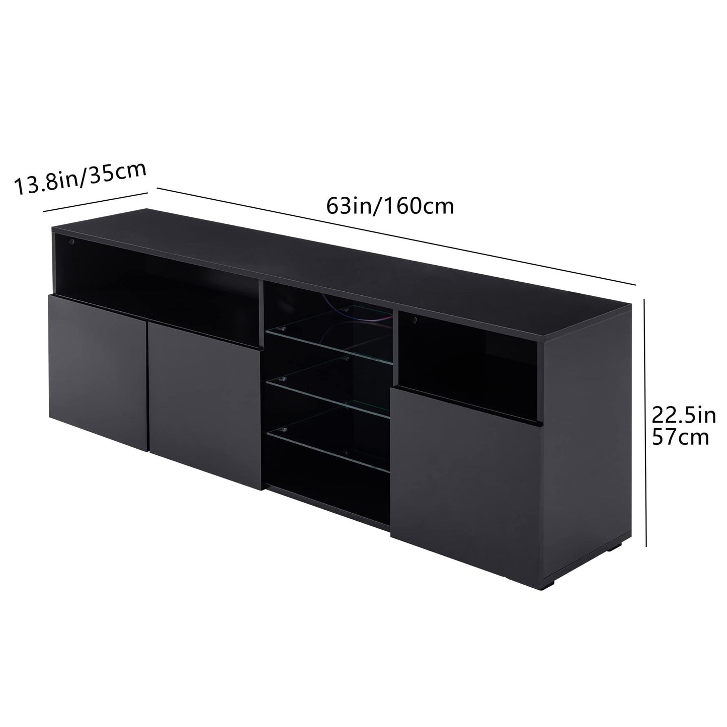 Uspeedy High Glossy LED Stand for 65 inch TV, Modern TV Entertainment Center with Adjustable Storage Shelf, Console Table with RGB LED 20 Color Lighting(63IN Black)