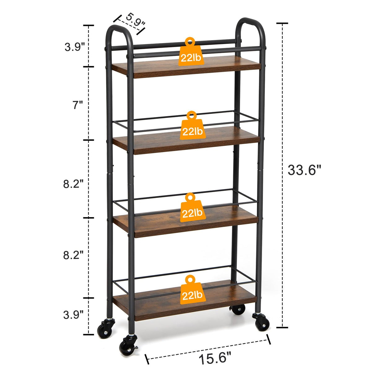 Slim Storage Cart, 4 Tier Rolling Utility Cart on Wheels, Narrow Shelving Unit Cart for Small Spaces in Kitchen, Dining Room, Bathroom, Laundry Room Rustic Brown and Black Asgolion
