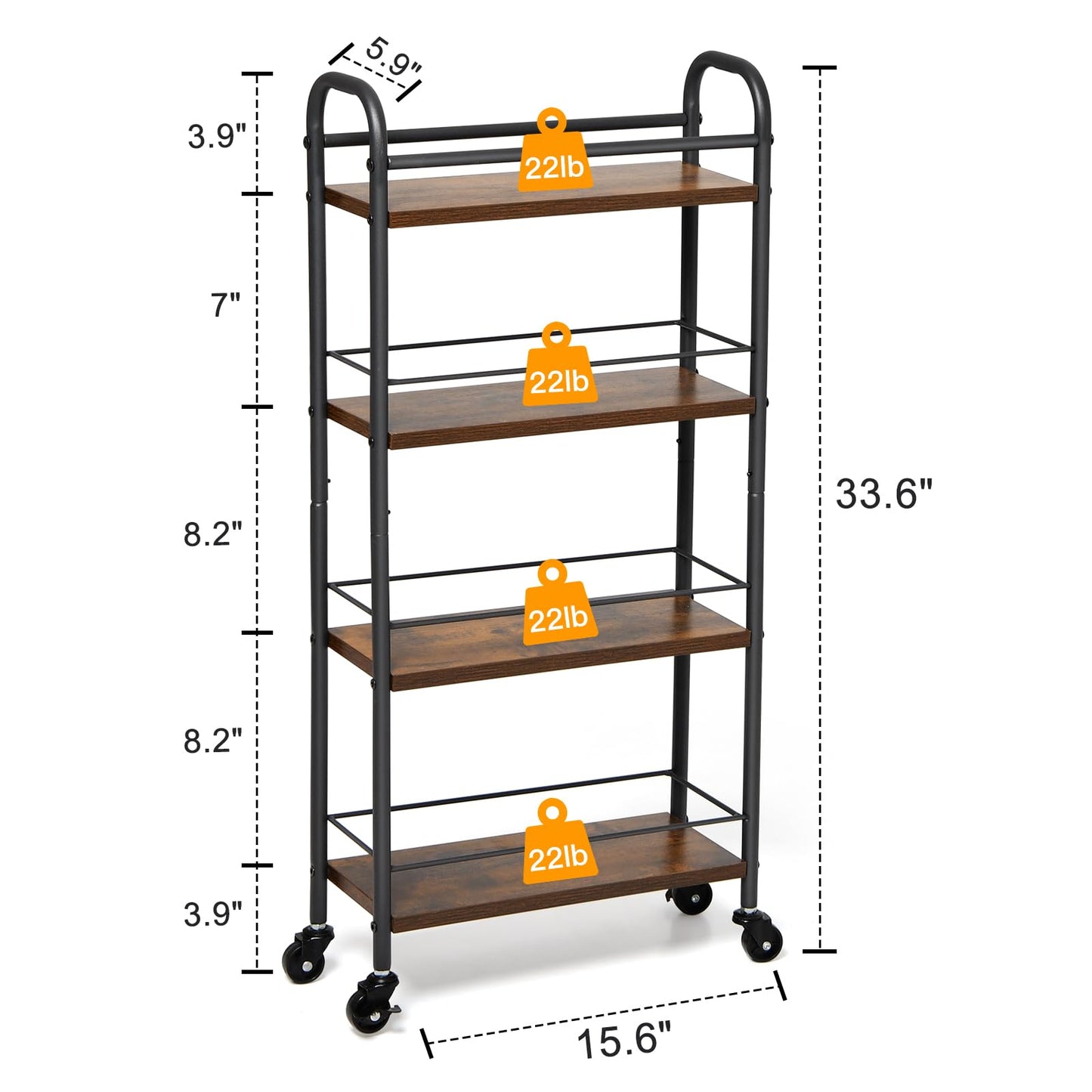 Slim Storage Cart, 4 Tier Rolling Utility Cart on Wheels, Narrow Shelving Unit Cart for Small Spaces in Kitchen, Dining Room, Bathroom, Laundry Room Rustic Brown and Black - WoodArtSupply