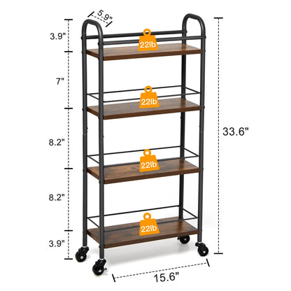 Slim Storage Cart, 4 Tier Rolling Utility Cart on Wheels, Narrow Shelving Unit Cart for Small Spaces in Kitchen, Dining Room, Bathroom, Laundry Room Rustic Brown and Black - WoodArtSupply